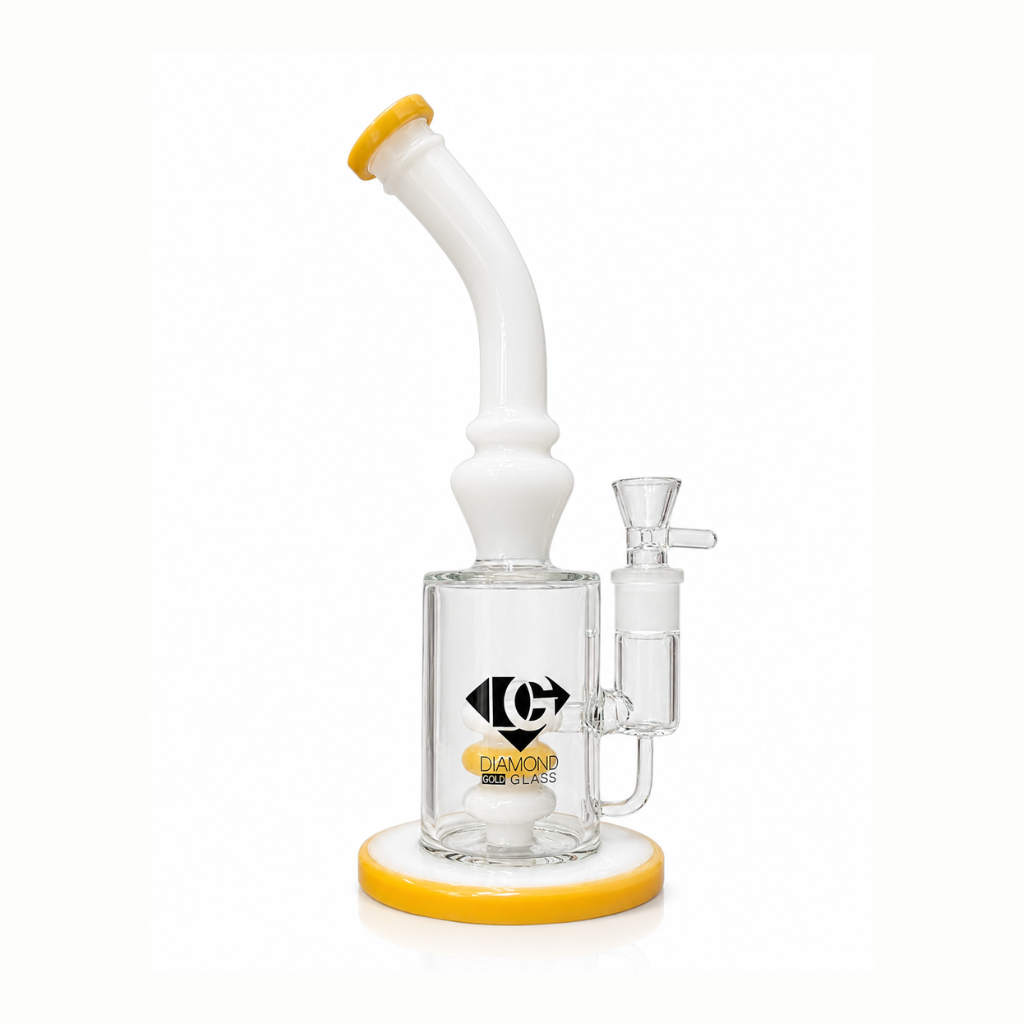 Diamond Glass 11" Stacked Disc Percolator Bong White & Yellow - Shop at Krave Smoke